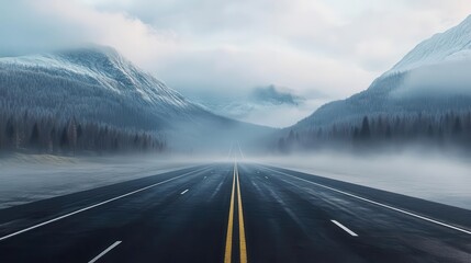 Endless highway, foggy mountain pass, eerie atmosphere, 3D illustration