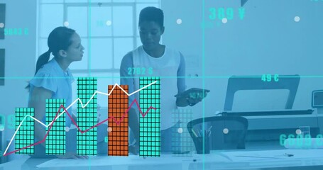 Poster - Animation of financial data processing over diverse colleagues discussing work in office
