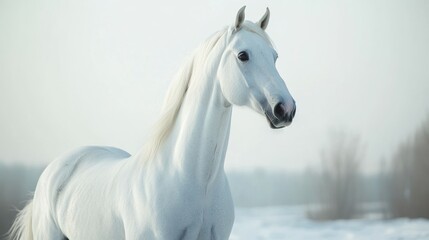 Canvas Print - A Majestic White Horse Standing in a Snowy Field