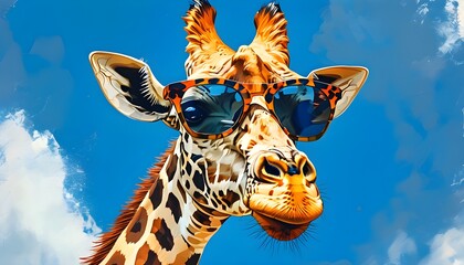 Wall Mural - Giraffe in Stylish Sunglasses Under a Clear Blue Sky