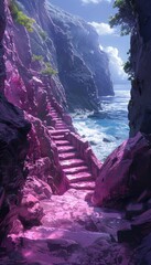 Wall Mural - Pink Stone Staircase Leading to the Sea