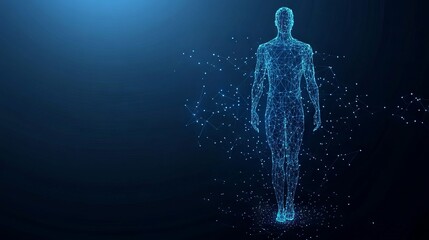 Poster - Abstract vector image of a human Brine . Low poly wire frame blue illustration on dark background. Lines and dots. Best idea concept. Low Poly Wireframe 3D Vector illustration in blue 