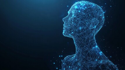 Poster - Abstract vector image of a human Brine . Low poly wire frame blue illustration on dark background. Lines and dots. Best idea concept. Low Poly Wireframe 3D Vector illustration in blue 