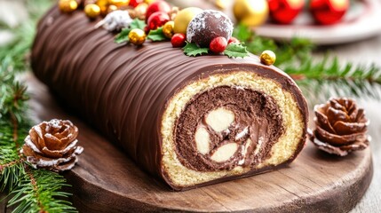 Sticker - A chocolate and nut roll with decorations on a wooden cutting board, AI