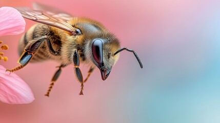 Sticker - A bee on a pink flower with blurred background, AI