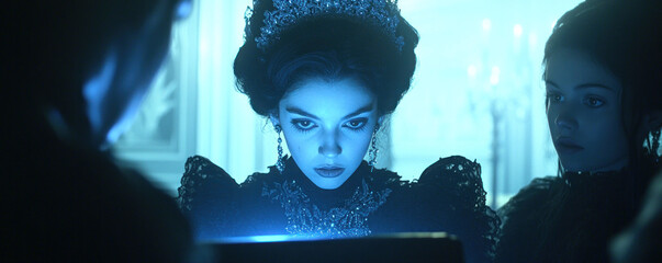 Wall Mural - A woman with a crown on her head is looking at a glowing object. The scene is set in a dark room with a blue background