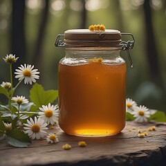 Wall Mural - Organic liquid honey sweet wood dipper honeycomb sticky gold colored pouring freshness ingredient dessert sweet food gourmet yellow jar healthy eating flowing glass material studio shot photography