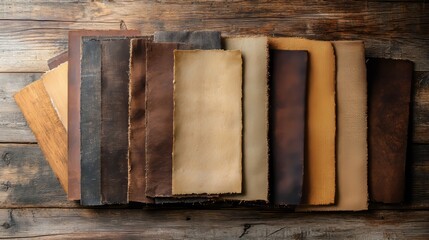 A collection of rustic swatch samples featuring mahogany wood and weathered textiles, arranged in a visually appealing pattern against a worn wooden backdrop