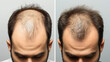 © altitudevisual - Before and after images of a man's scalp showing hair regrowth treatment results for male pattern baldness. The images highlight significant improvement in hair density.