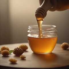 Wall Mural - Organic liquid honey sweet wood dipper honeycomb sticky gold colored pouring freshness ingredient dessert sweet food gourmet yellow jar healthy eating flowing glass material studio shot photography