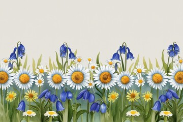 Seamless Watercolor Border Featuring Daisy and Bluebell with Chamomile Flowers on an Isolated Background