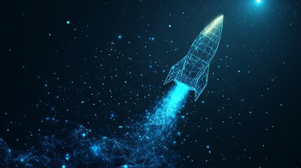 Poster - digital light bulb rocket launch into space. technology innovation or start up concept. the moment o