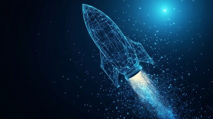 Poster - digital light bulb rocket launch into space. technology innovation or start up concept. the moment o