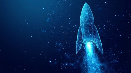 Poster - digital light bulb rocket launch into space. technology innovation or start up concept. the moment o