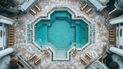 Poster - Aerial View of an Octagonal Pool Surrounded by Lounge Chairs