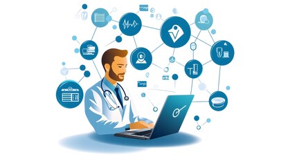 Wall Mural - Doctor Using Laptop With Medical Icons Around Him.