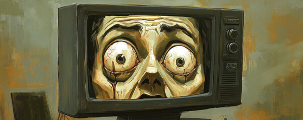 A cartoonish face is staring at a television. The face is drawn with a lot of detail, including blood dripping from the mouth. Scene is dark and unsettling