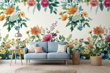 Wall Mural - Watercolor Floral Wallpaper Print of a Serene Garden Scene