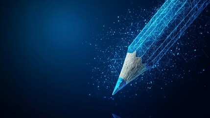 Poster - Back to School. Abstract mash line and point pancil on background with an inscription. Low Poly Wireframe 3D Vector illustration in blue 