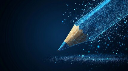 Poster - Back to School. Abstract mash line and point pancil on background with an inscription. Low Poly Wireframe 3D Vector illustration in blue 
