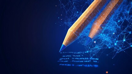 Poster - Back to School. Abstract mash line and point pancil on background with an inscription. Low Poly Wireframe 3D Vector illustration in blue 