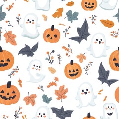 A Halloween themed pattern of white ghosts and leaves