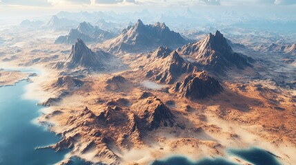 90-degree top-down photorealistic view of a floating island, featuring arid mountains and barren land, shot from high altitude, showcasing the rough terrain