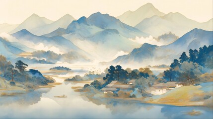 Wall Mural - Watercolor painting of a serene landscape with misty mountains, a winding river, and small villages nestled among the trees.