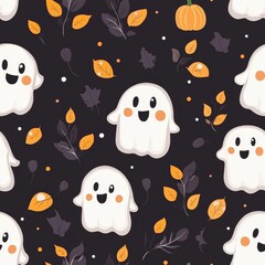 A Halloween themed pattern of white ghosts and leaves