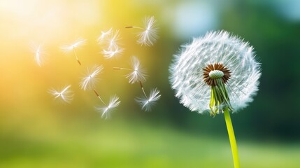 Wall Mural - A dandelion blowing in the wind with a green background, AI