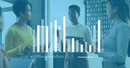 Poster - Animation of financial data processing over diverse colleagues discussing work in office