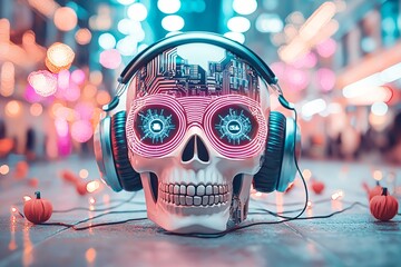 Wall Mural - A cyberpunk skull mask with LED-lit eyes and circuit board details, surrounded by Halloween decorations in a neon-lit urban setting. The background offers generous copy space.