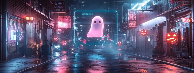 Poster - a digital ghost projected onto a holographic screen, floating above a dystopian street adorned with 