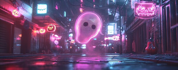 Poster - A digital ghost projected onto a holographic screen, floating above a dystopian street adorned with glowing Halloween decorations. The scene provides generous copy space for messaging.