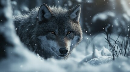 Wall Mural - A Wolf's Intense Gaze in a Snowy Forest