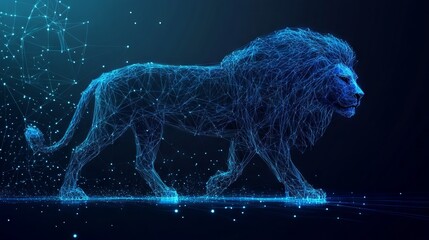 Abstract digital lion in polygons, lines and connected dots. King of beasts. Technology wild concept. Low Poly Wireframe 3D Vector illustration in blue 