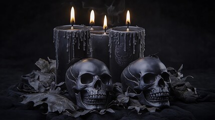 Wall Mural - Halloween-themed still life with black candles and skulls, ultra-sharp focus, solid black background