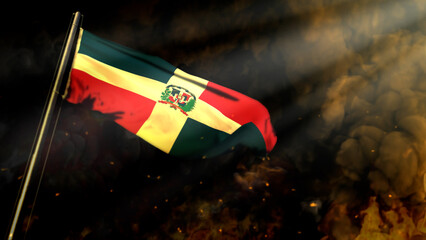 soft focus Dominican Republic flag on smoke with sun rays background - catastrophe concept - abstract 3D rendering