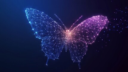 Poster - Butterfly composed of polygon. Low poly vector illustration of a starry sky or Comos. The digital flyer consists of lines, dots and shapes. Wireframe technology light connection structure. 