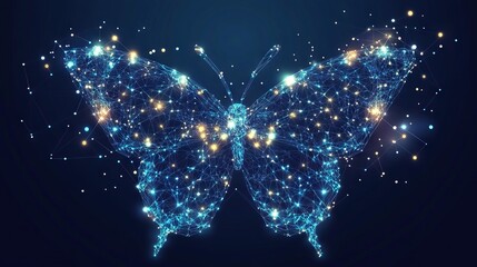 Poster - Butterfly composed of polygon. Low poly vector illustration of a starry sky or Comos. The digital flyer consists of lines, dots and shapes. Wireframe technology light connection structure. 