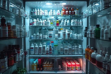 Wall Mural - A well-organized refrigerator stocked with numerous bottles and containers of supplements, vitamins, and medications in a home kitchen at night