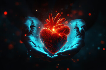 Glowing human heart in hands, Generative AI