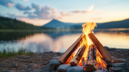 Canvas Print - A campfire is burning on a rock next to the water, AI