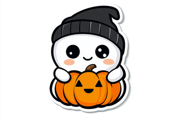 A cute ghost wearing an orange beanie with a pumpkin and holding a coffee mug, vector design digital art illustration, pastel color palette, halloween vibe, white background