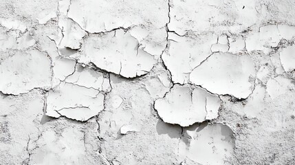 Close-up of an aged, cracked white wall surface showcasing peeling paint with unique textures and patterns.