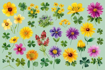 Array of Vivid Meadow Floral Species in Watercolor Clipart with Clover and Sunny Yellow Flowers