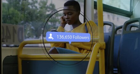 Canvas Print - Animation of followers growing number over african american woman using smartphone in bus