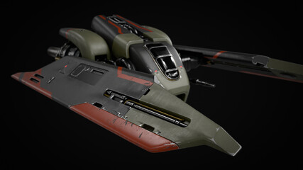 Poster - Concept assault fighter, gunship, scratched gray-green metal, orange paint, turbines, guns. Single-pilot spaceship landing pad. Science fiction military vehicle for space wars. 3d render dark backdrop