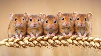 Poster - Five mice sitting on top of a wheat stalk, AI