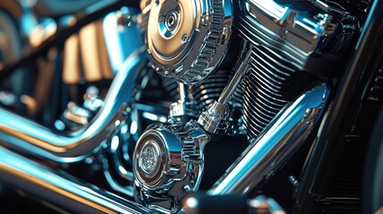 A close-up of a motorcycle engine with chrome details, showing intricate mechanical parts shining in the light.